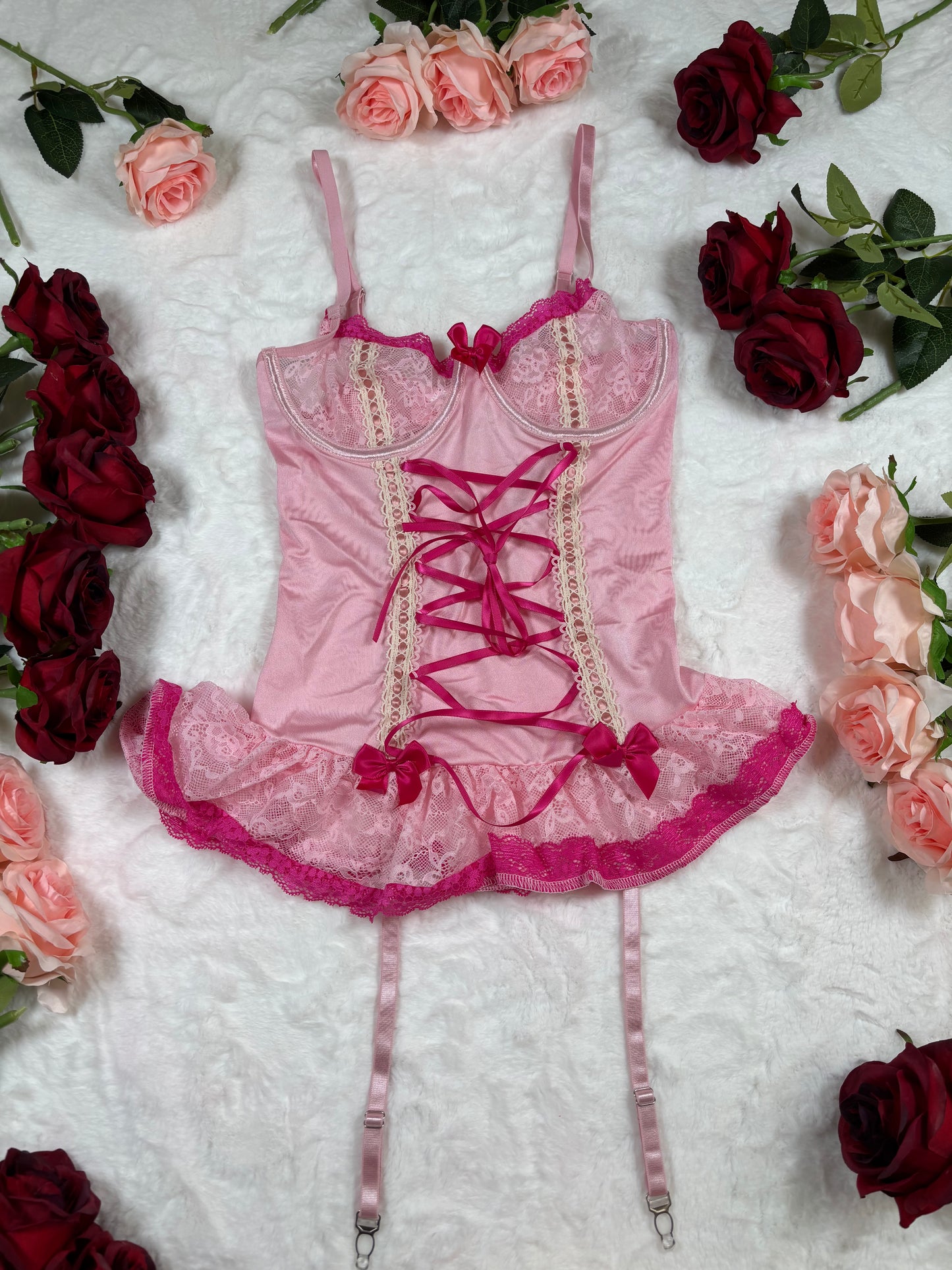 3 piece pink sheer corset set.