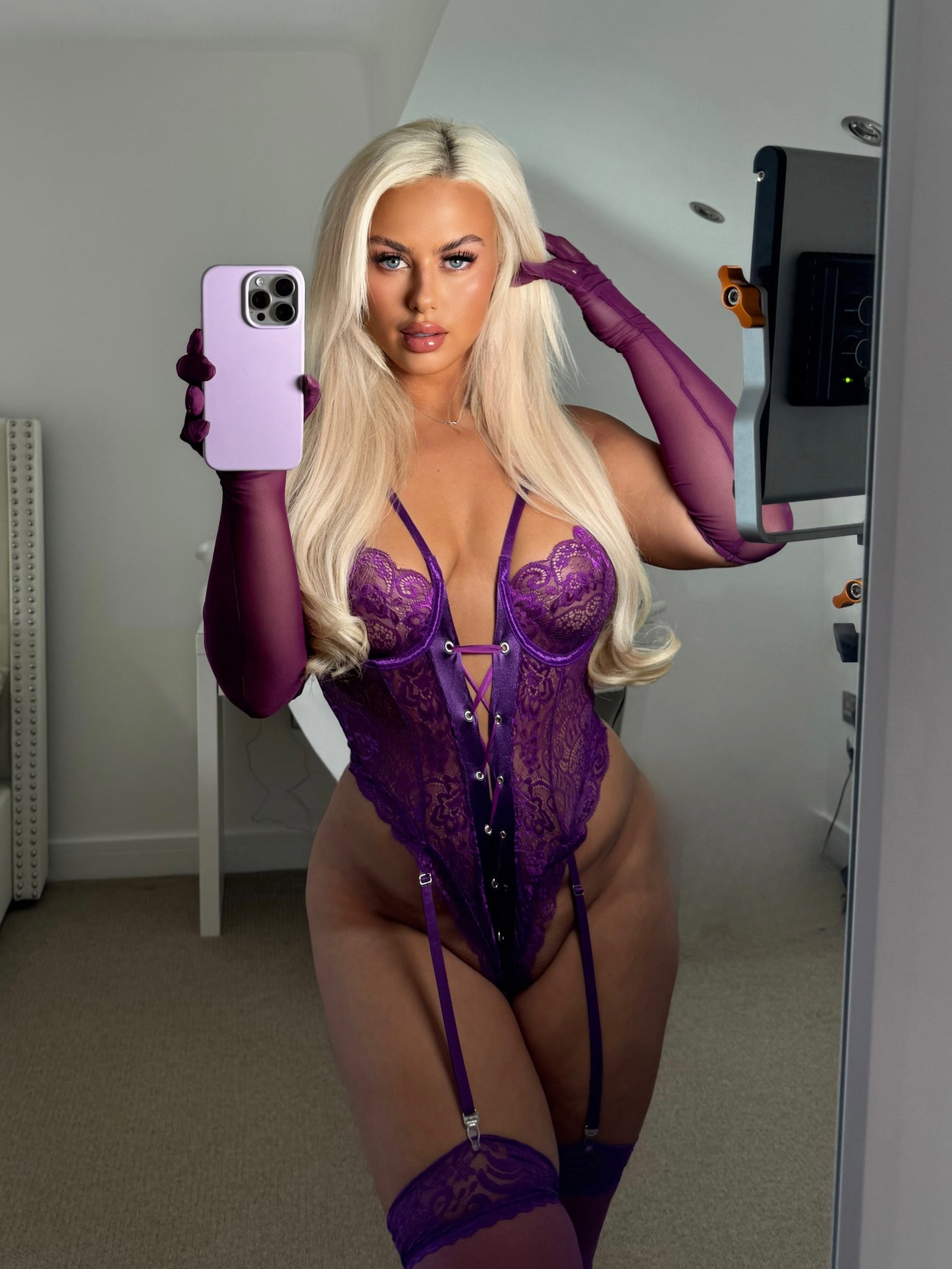 Hold me tight bodysuit in purple (includes matching stockings and gloves)