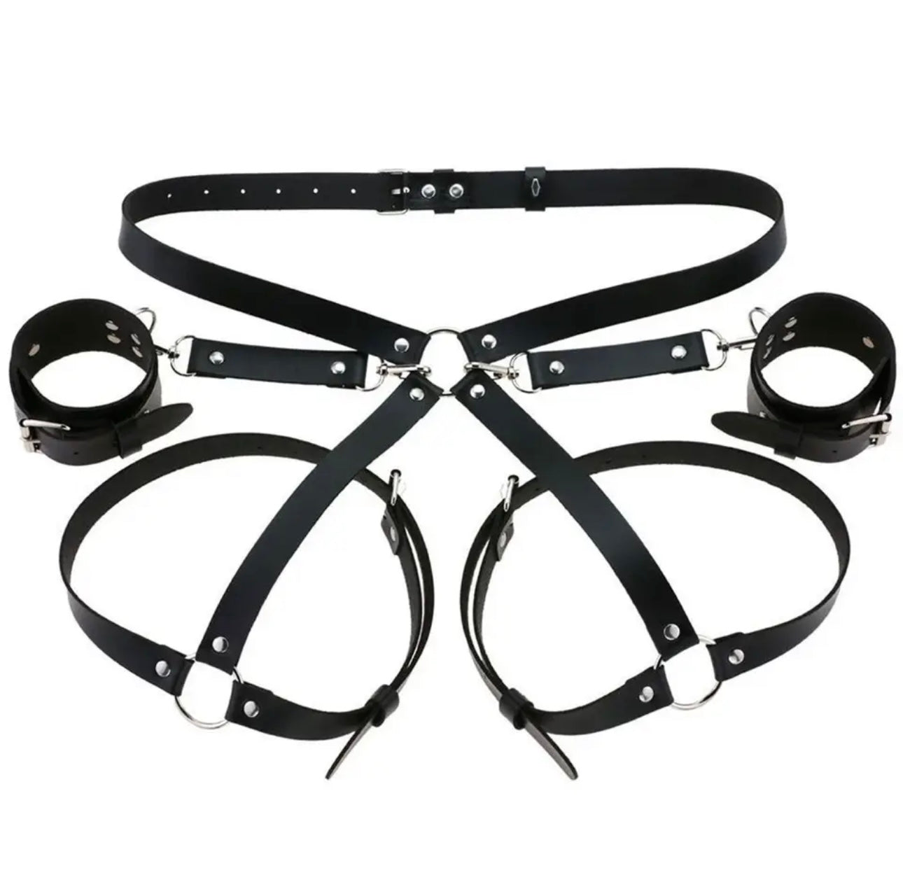 Leather handcuffs with garter and leg straps.